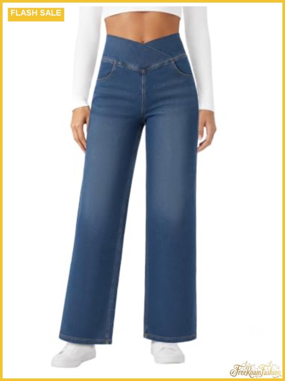 Wide Leg Jeans High Waist Crossover Stretchy Denim Pants